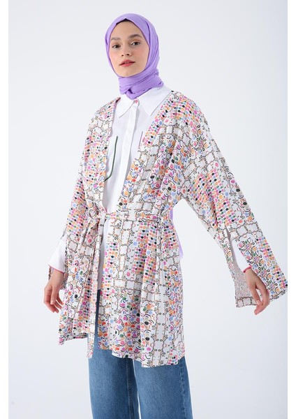 Beyaz-Pembe-Oversize Kol Yırtmaç Detaylı Kuşaklı Desenli Kimono indirimleri