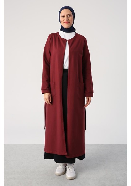 Bordo-Kuşaklı Cepli Bisiklet Yaka Uzun Hırka fiyatları