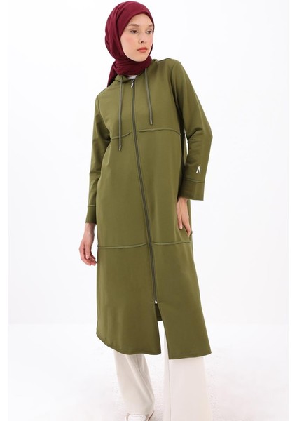 Haki-Kapüşonlu Fermuarlı Hırka