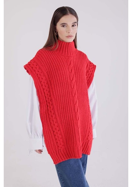 Kırmızı-Saç Örgülü Balıkçı Yaka Süveter
