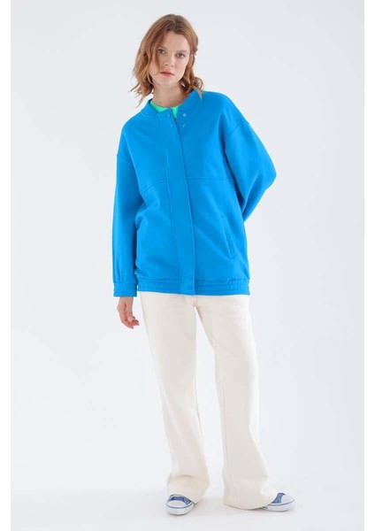 Mavi-Çıtçıtlı Fermuarlı Şardonlu Hırka