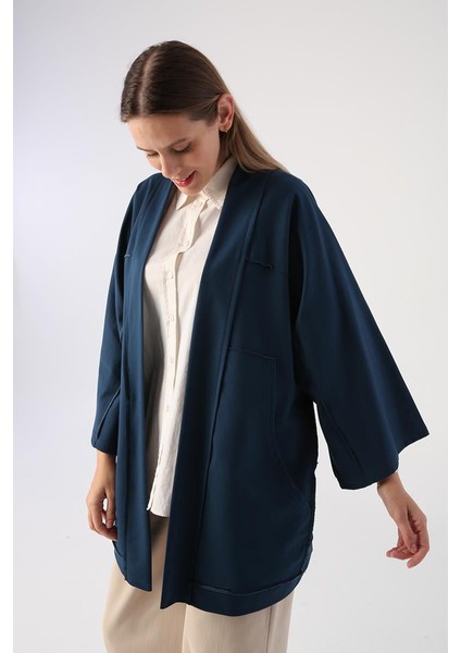 Koyu Indigo-Yarasa Kollu Oversize Hırka