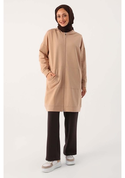 Bej-Fermuarlı Sweat Hırka