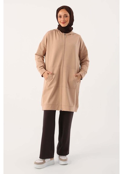 Bej-Fermuarlı Sweat Hırka