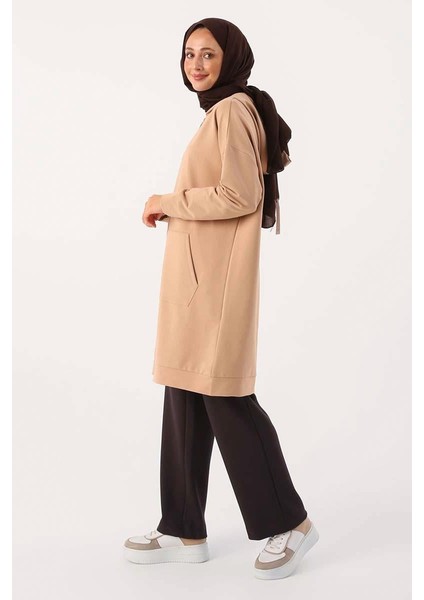 Bej-Fermuarlı Sweat Hırka