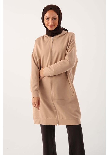 Bej-Fermuarlı Sweat Hırka