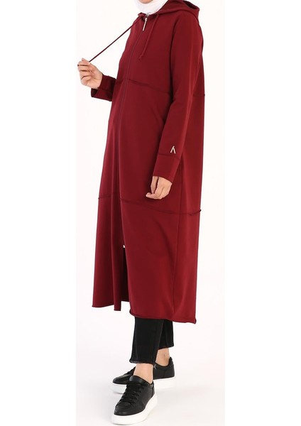 Bordo-Kapüşonlu Fermuarlı Hırka