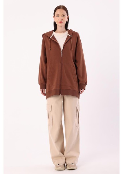 Açık Kahve-Kanguru Cepli Oversize Sweat Hırka fiyatları