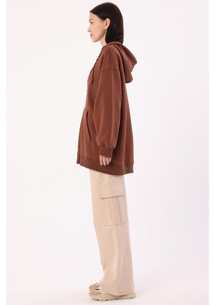 Açık Kahve-Kanguru Cepli Oversize Sweat Hırka modelleri