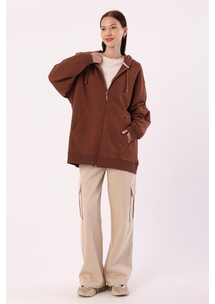Açık Kahve-Kanguru Cepli Oversize Sweat Hırka indirimleri