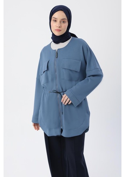 Mavi-Belden Büzgülü Cepli Ceket