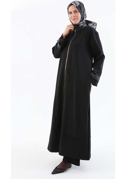 Siyah-Deri Apolet Detaylı Fermuarlı Ferace