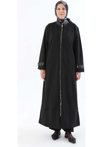 Siyah-Deri Apolet Detaylı Fermuarlı Ferace fiyatları