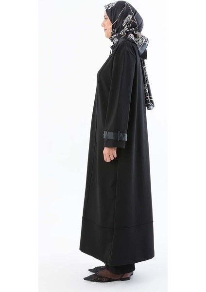 Siyah-Deri Apolet Detaylı Fermuarlı Ferace modelleri