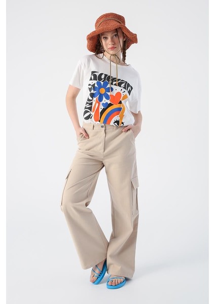 Açık Bej-Pamuklu Kargo Cepli Bol Paça Pantolon