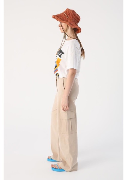 Açık Bej-Pamuklu Kargo Cepli Bol Paça Pantolon modelleri