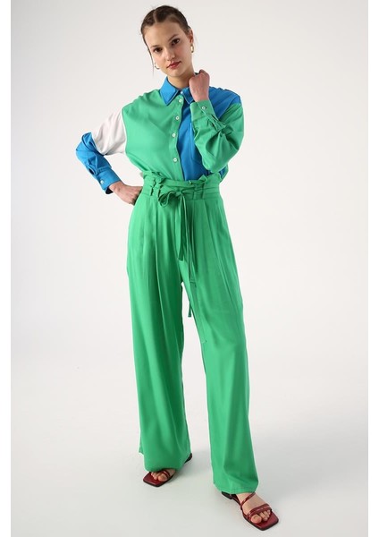 Çimen Yeşili-Beli Lastikli Pileli Bol Paça Viscon Pantolon