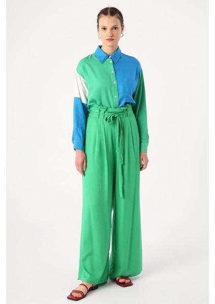 Çimen Yeşili-Beli Lastikli Pileli Bol Paça Viscon Pantolon fiyatları