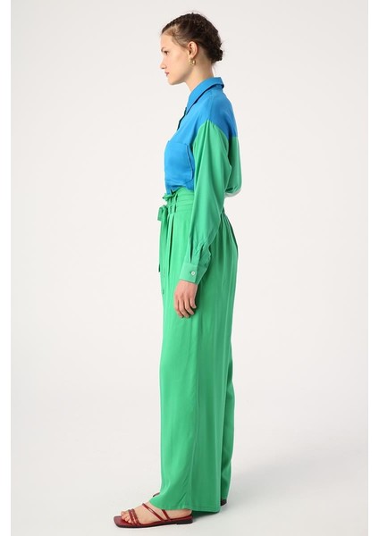 Çimen Yeşili-Beli Lastikli Pileli Bol Paça Viscon Pantolon modelleri