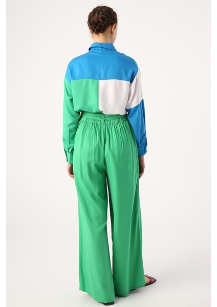 Çimen Yeşili-Beli Lastikli Pileli Bol Paça Viscon Pantolon fırsatları