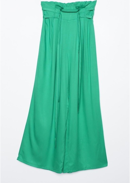 Çimen Yeşili-Beli Lastikli Pileli Bol Paça Viscon Pantolon indirimleri