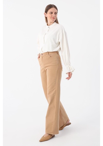 Sütlü Kahve-Pamuklu Wide Leg Likralı Pantolon modelleri