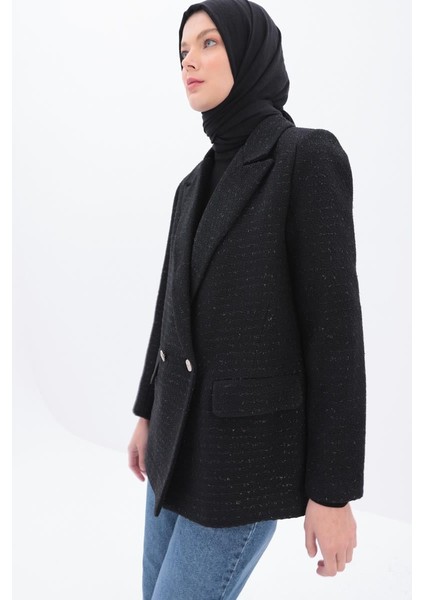Siyah-Simli Tüvit Kumaş Blazer Ceket