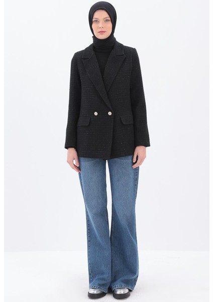 Siyah-Simli Tüvit Kumaş Blazer Ceket