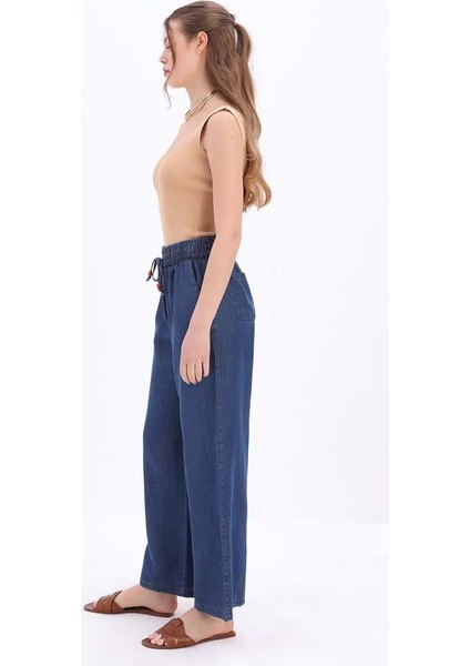 Koyu Mavi-Beli Lastikli Denim Pantolon