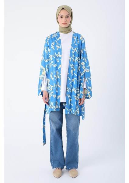 Mavi-Bej-Oversize Kol Yırtmaç Detaylı Kuşaklı Desenli Kimono fiyatları
