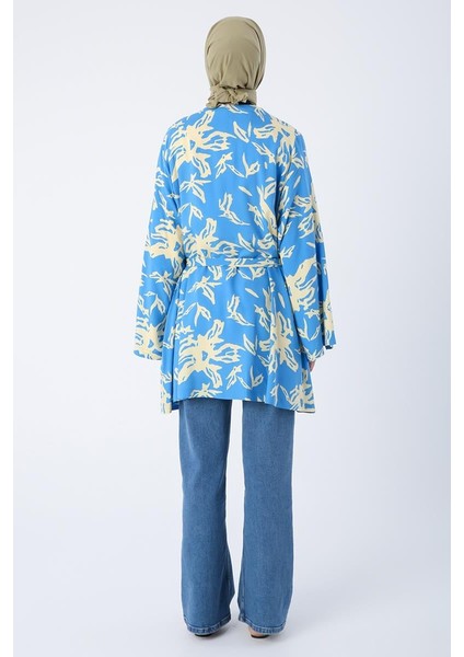 Mavi-Bej-Oversize Kol Yırtmaç Detaylı Kuşaklı Desenli Kimono fırsatları