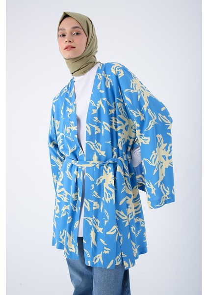 Mavi-Bej-Oversize Kol Yırtmaç Detaylı Kuşaklı Desenli Kimono indirimleri