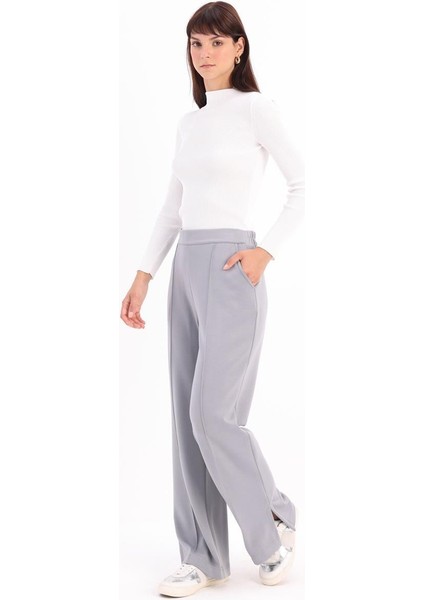Gri-Nervürlü Bol Paça Örme Pantolon