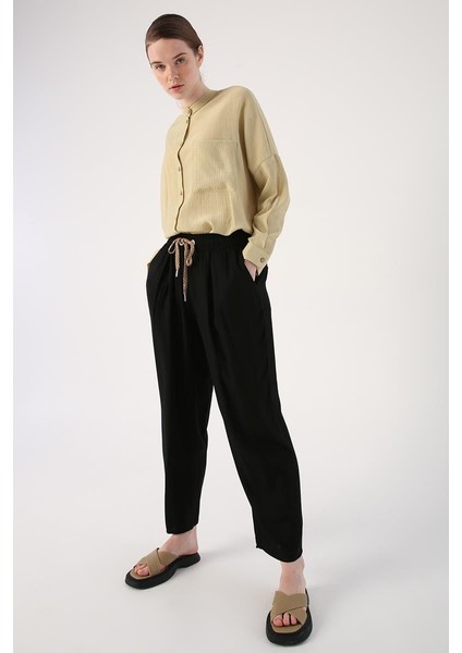 Siyah-Beli Lastikli Geniş Paça Pantolon