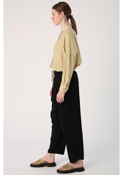 Siyah-Beli Lastikli Geniş Paça Pantolon modelleri