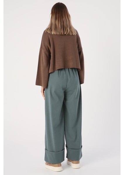 Pastel Yeşili-Pamuklu Geniş Paça Katlamalı Pantolon fırsatları