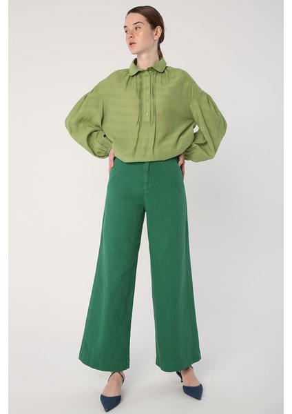 YEŞIL-%100 Pamuk Bol Paça Cepli Pantolon