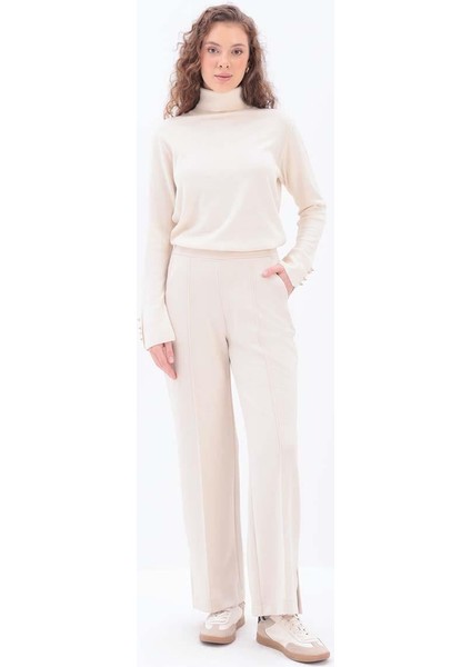Açık Bej-Nervürlü Bol Paça Örme Pantolon
