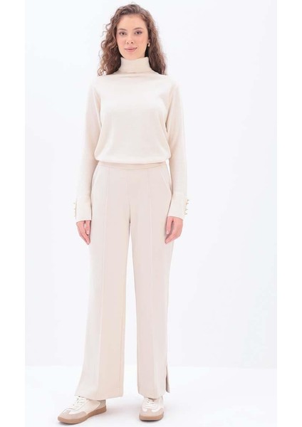 Açık Bej-Nervürlü Bol Paça Örme Pantolon fiyatları
