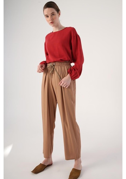 Vizon-Beli Lastikli Geniş Paça Pantolon