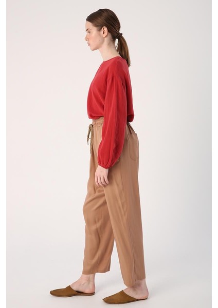 Vizon-Beli Lastikli Geniş Paça Pantolon modelleri