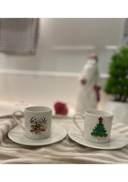 2 Li Porselen Yılbaşı Figürlü Kahve Fincanı