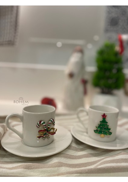 2 Li Porselen Yılbaşı Figürlü Kahve Fincanı