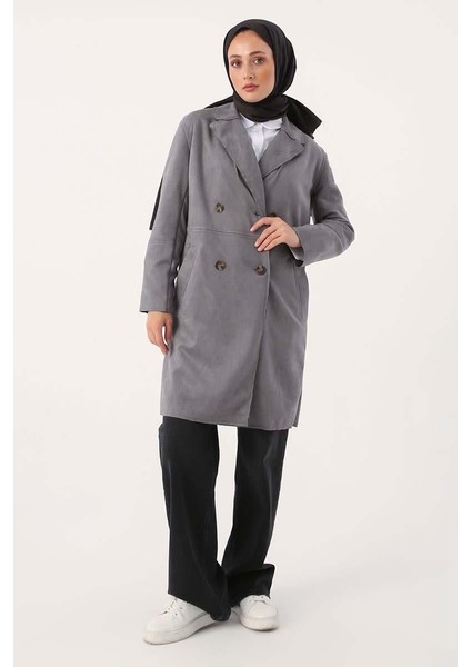 Gri-Süet Kruvaze Blazer Ceket
