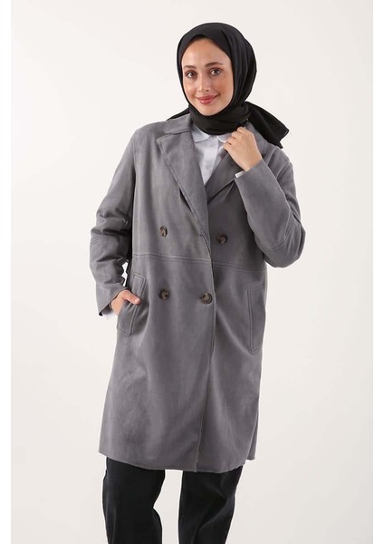 Gri-Süet Kruvaze Blazer Ceket