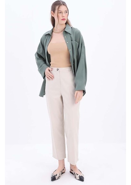 Açık Bej-Pamuklu Büyük Beden Kumaş Pantolon