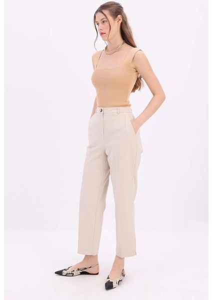 Açık Bej-Pamuklu Büyük Beden Kumaş Pantolon modelleri
