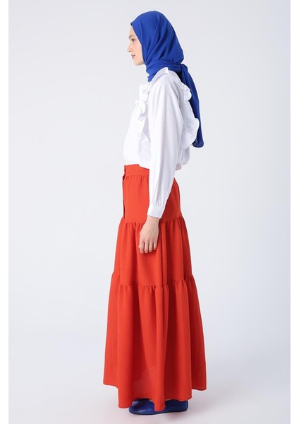 Nar Çiçeği-Düğmeli Beli Lastikli Fırfırlı Bürümcük Etek modelleri