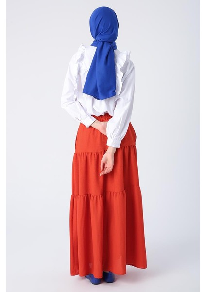 Nar Çiçeği-Düğmeli Beli Lastikli Fırfırlı Bürümcük Etek fırsatları