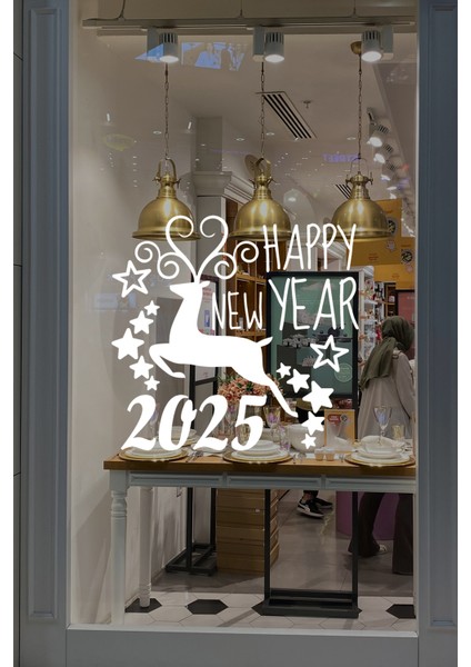 Geyik ve Happy New Year 2025 Yılbaşı Süslemeleri Yeni Yıl Vitrin Cam Sticker